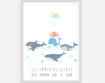 Nursery Poster, Whale Poster Nursery, Gift Baptism, Gift Birth "Be Naughty and Wild"