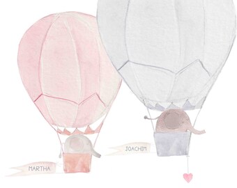 Birth announcement, Two Elephants, Sibling Poster, Birth Gift, Christening Gift for Siblings, Personalized Birth Gift