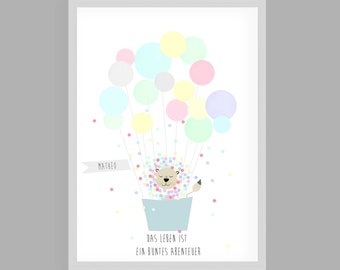 Kinderzimmerposter, Kinderzimmerprint , Geschenk Taufe , Geschenk Geburt, Löwe Poster, Baloon"Buntes Abenteuer"