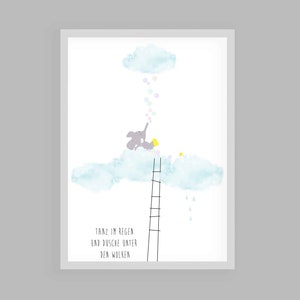 Children&#39;s picture, gift birth, gift baptism, children&#39;s room picture, children&#39;s room poster, elephant, clouds &quot;Dance in the rain&quot;