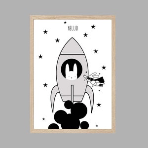 Kunsdruck, cartel de los niños, imagen de los niños, conejito, regalo, nacimiento "conejito en el espacio"