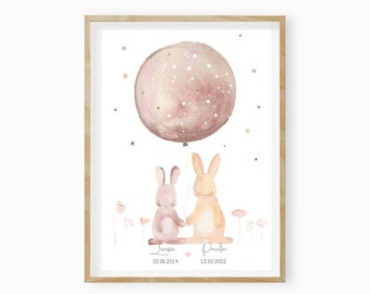 Annonce naissance, deux lapins, affiche fratrie, cadeau naissance, cadeau baptême fratrie, cadeau naissance personnalisé