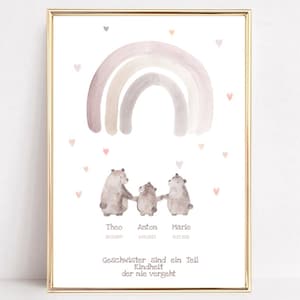 Birth announcement, three bears, sibling poster, birth gift, baptism gift siblings, personalized birth gift