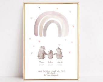 Birth announcement, three bears, siblings poster, birth gift, baptism gift siblings, birth gift personalized