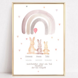 Annuncio di nascita, tre coniglietti, poster per fratelli, regalo di nascita, regalo di battesimo per fratelli, regalo di nascita personalizzato