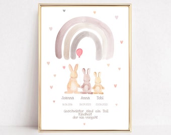 Birth announcement, three rabbits, sibling poster, birth gift, christening gift for siblings, personalized birth gift