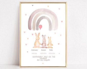 Birth announcement, three rabbits, siblings poster, birth gift, baptism gift siblings, birth gift personalized