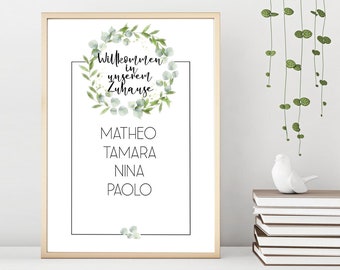 Familienbild, Familienposter personalisiert, Geschenk für Familie, Zuhause, Familie , Einweihungsgeschenk "Wir wohnen hier"