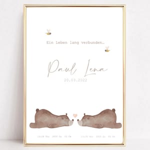 Anuncio de nacimiento, póster de gemelos, póster de hermanos, regalo de nacimiento de gemelos, regalo de bautismo de hermanos, regalo de nacimiento personalizado