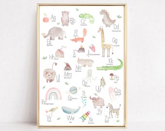 Kinderkamerdecoratie, kinderkamerposter, alfabet in aquarel, ABC-leerposter, cadeau voor de start van het schooljaar
