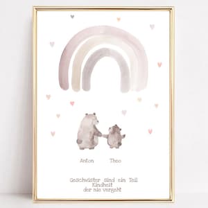 Geboorteaankondiging, twee beren, broers en zussen poster, geboortecadeau, doopcadeau broers en zussen, geboortecadeau gepersonaliseerd