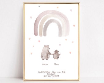 Birth announcement, two bears, sibling poster, birth gift, baptism gift siblings, birth gift personalized