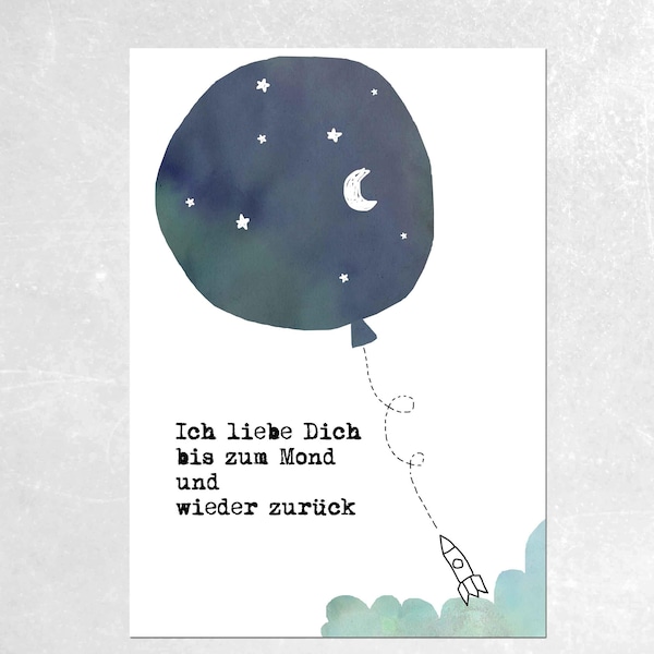 Kunstdruck,Poster Kinderzimmer,Kinderzimmer Bild,Geschenk Geburt,Taufe"Ich liebe Dich bis zum Mond"