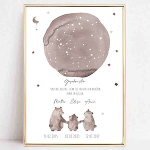 Birth announcement, three bears, siblings poster, birth gift, baptism gift siblings, birth gift personalized image 1