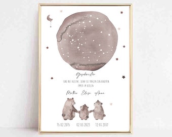 Birth announcement, three bears, sibling poster, birth gift, baptism gift siblings, birth gift personalized