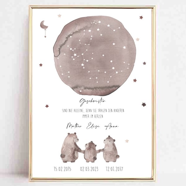 Annonce naissance, trois ours, affiche fratrie, cadeau naissance, cadeau baptême fratrie, cadeau naissance personnalisé