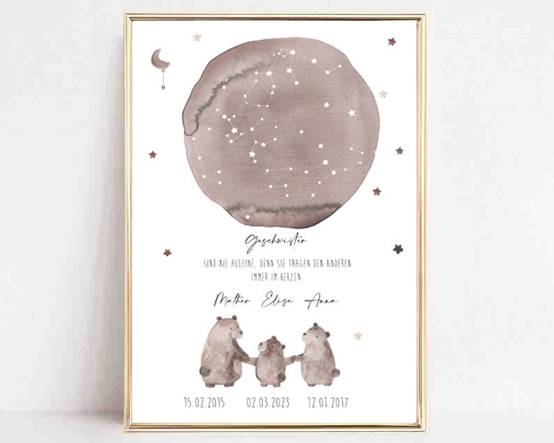 Birth announcement, three bears, siblings poster, birth gift, baptism gift siblings, birth gift personalized image 1