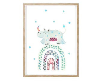 Nursery picture, birth picture, cute rhinoceros nursery poster, birth gift, colorful nursery poster