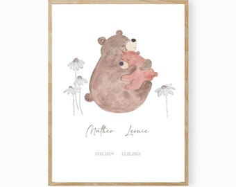 Poster of 2 bears, sibling poster, birth gift, christening gift for siblings, gift for boys and girls, children, animal poster, personalized