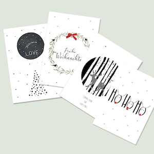 Postkarten Set , Weihnachtskarten, ho ho ho,Sturm, Weihnachtsbaum, Liebe, Rentier "Frohe Weihnachten"