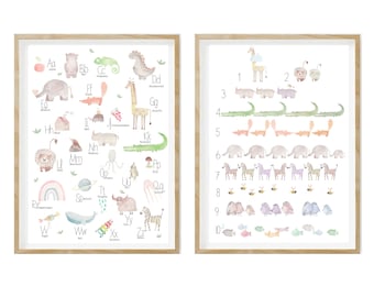 Children's room picture set, children's room poster, alphabet watercolor, ABC learning poster, back-to-school gift
