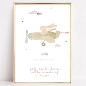 Regalo de nacimiento personalizado, cuadro de habitación infantil, regalo para bebé, cartel de conejito, conejito en el avión