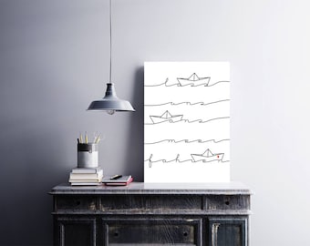 Minimalist Nautical Wall Art | Let's Go to the Seaside | One Line Art Boat Poster | Bathroom Decor | Gift for Friends