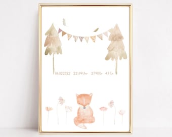 Gift Birth personalized,Children's room picture, Gift for baby,Little fox