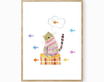 Children's picture, children's poster, children's room poster of a cute cat, christening gift, birth gift