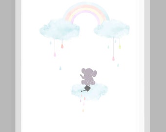 children's room picture, children's room poster, gift birth, baptism, children's room décor, elephant picture, rainbow, flowers