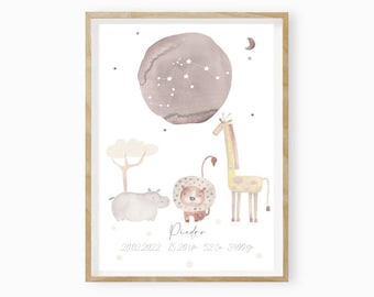 Regalo de nacimiento personalizado, regalo para bebé, imagen de signo del zodiaco para niños, regalo de bautizo, animales para habitación infantil, león de acuarela