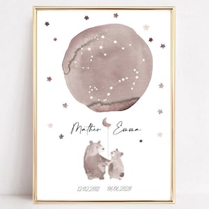 Birth announcement, two bears, siblings poster, birth gift, baptism gift siblings, birth gift personalized