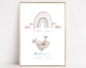 Birth Announcement, Two Whales, Siblings Poster, Birth Gift, Baptism Gift Siblings, Birth Gift Personalized