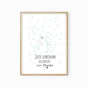 May include: A white background with a cartoon snowman in the center. The snowman is surrounded by blue snowflakes. The text "JEDER SCHNEEMANN BEGINNT MIT EINER Flocke." is below the snowman.