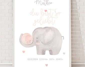 Geburtsanzeige,zwei  Elefanten, Baby Poster, Geburt Geschenk, Taufgeschenk , Geburtsgeschenk personifiziert,kleiner Elefant