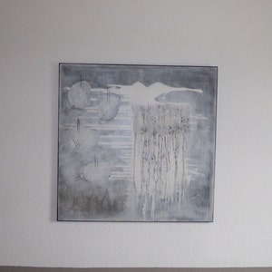May include: Abstract painting with a white, gray, and black color scheme. The painting features a white shape that resembles a bird or a cloud, with a series of vertical lines in the background.