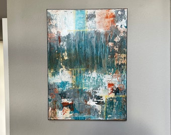 Abstract acrylic painting in 50x70 /Industrial look/Abstract art/Blue Turquoise Black White Orange/Picture with structures/Original painting/Unique