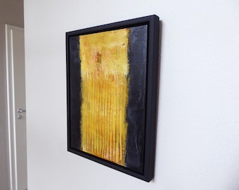 Black and yellow picture with frame/Acrylic painting with structure/Dark colors with yellow/Unique/Contrast/Handmade/44x34x4cm/Abstarke Kunst