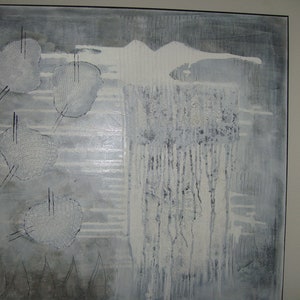 May include: Abstract painting with a white background and gray accents. The painting features a series of white circles with a textured pattern and a vertical gray stripe with a textured pattern.