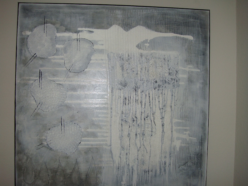 May include: Abstract painting with a white background and gray accents. The painting features a series of white circles with a textured pattern and a vertical gray stripe with a textured pattern.