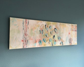 Abstract picture 120x40 /Acrylic painting/Light picture/Beige-turquoise/Orange/light structures/Unique/Large work/Abstract art/