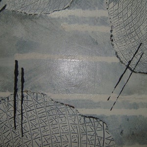 May include: Abstract art painting with a gray background and three black and white patterned circles. The circles have a textured surface and are partially overlapping.
