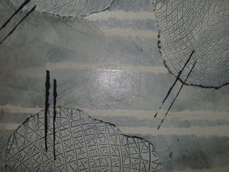 May include: Abstract art painting with a gray background and three black and white patterned circles. The circles have a textured surface and are partially overlapping.