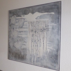 May include: Abstract painting with a gray background and white and gray brushstrokes. The painting has a textured surface and a modern style.