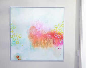 Acrylic painting 70x70 /Painting in light tones with neon/pink-orange/white-mint-beige-yellow/acrylic painting/Bright image with neon accents/structure