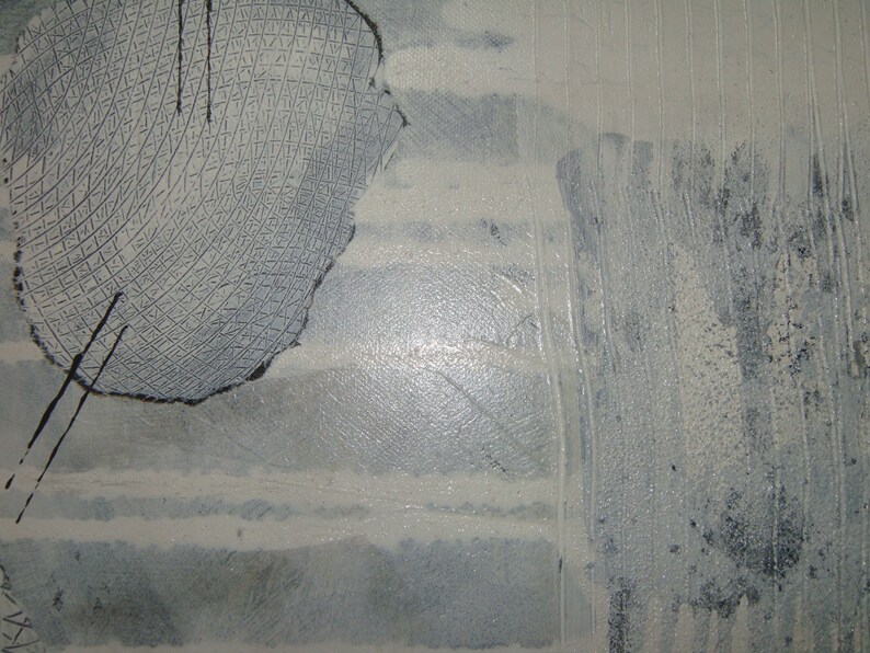 May include: Abstract painting with a textured, gray and white background. A large, circular, black and white design is in the upper left corner.