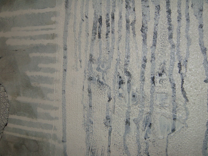 May include: A close-up of a textured wall with vertical lines of white paint and dark gray streaks. The wall has a rough, uneven surface.