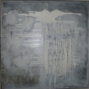 May include: Abstract painting with a gray and white color scheme. The painting features a series of overlapping circles and a vertical section of white paint with drips.
