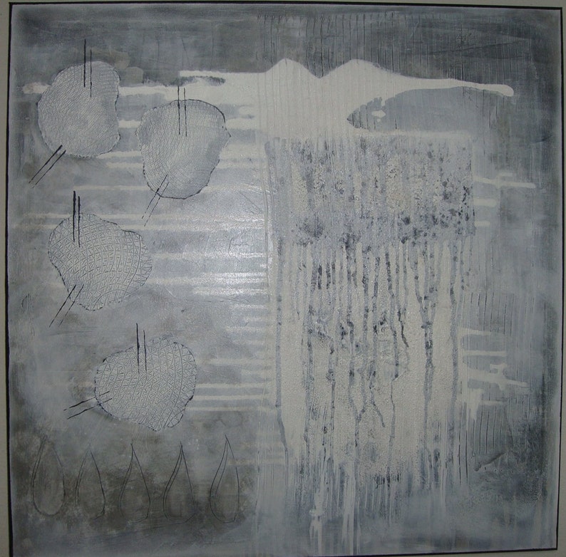 May include: Abstract painting with a gray and white color scheme. The painting features a series of overlapping circles and a vertical section of white paint with drips.
