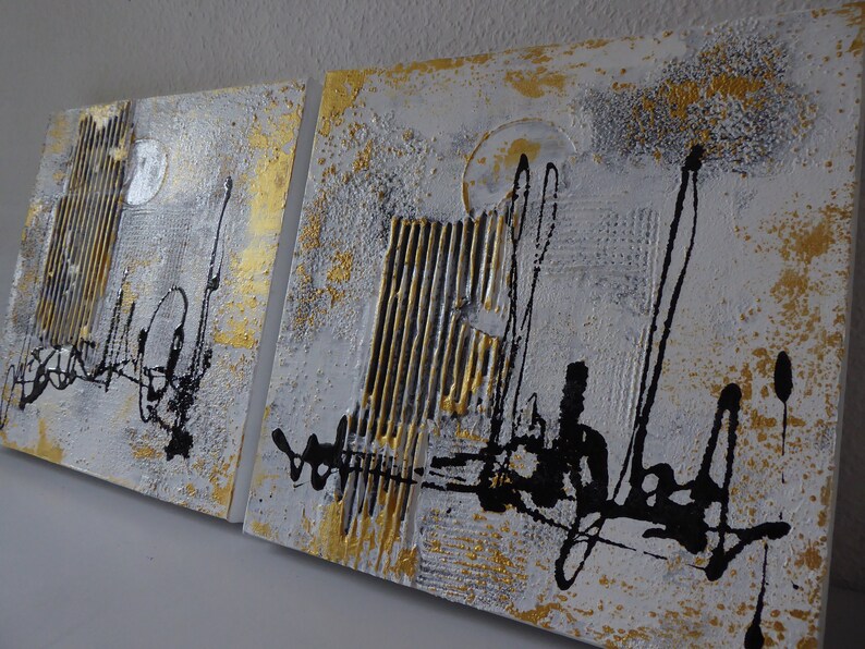 Acrylbilder Set Weiß/Gold 30x30cm auf Leinwand/ Bilderset mit Struktur / Abstrakte Bilde / Helle Bilder in weiß mit Goldakzenten /Original Bild 10